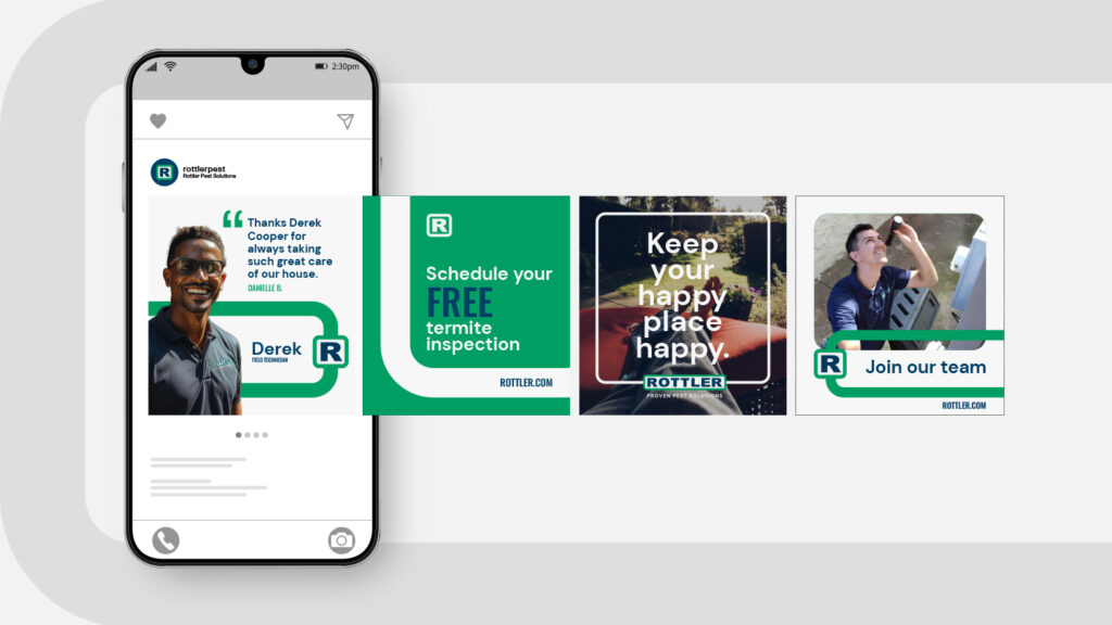 Rottler pest control brand identity applied to social media posts
